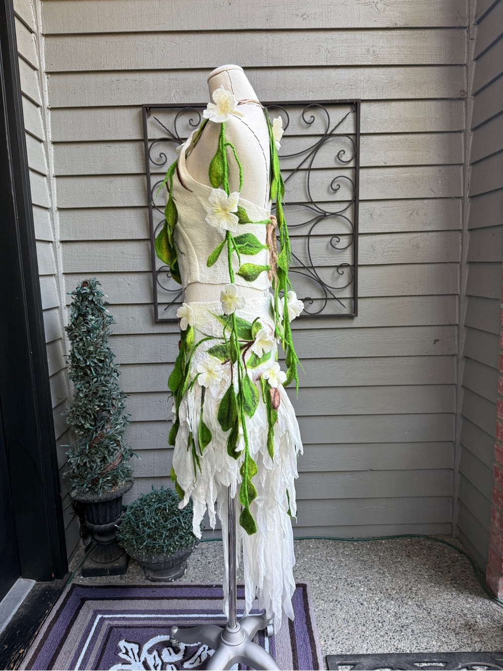 OOAK Handmade Felted Fairy Costume Leaf Draped Dress White & Green Size: Small - Picture 4 of 8
